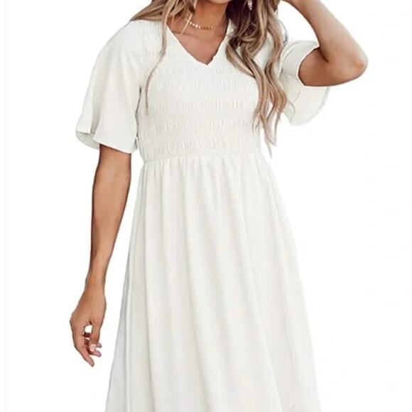Women Short Sleeve Summer V Neck High Low Smocked Midi Dress Size XS - Picture 11 of 11